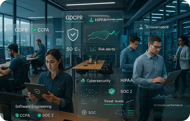 Tech company compliance software dashboard with OSHA SOC2 status