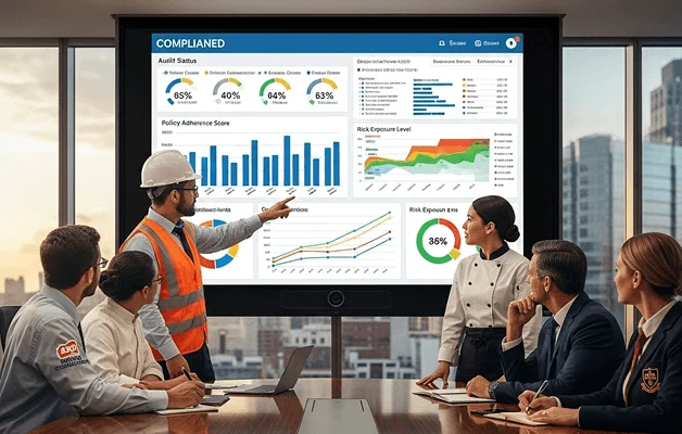 Multi-industry compliance software dashboard showing diverse sectors