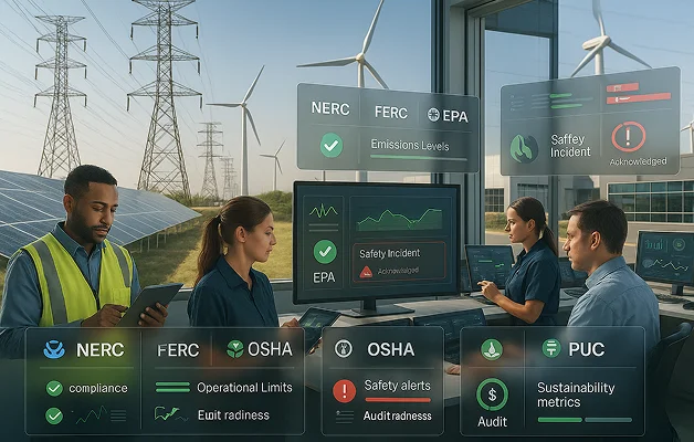 Power utility compliance software dashboard with NERC status